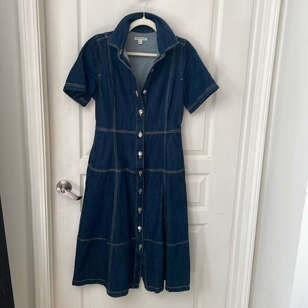 Navy Denim Midi Dress with Button-Front